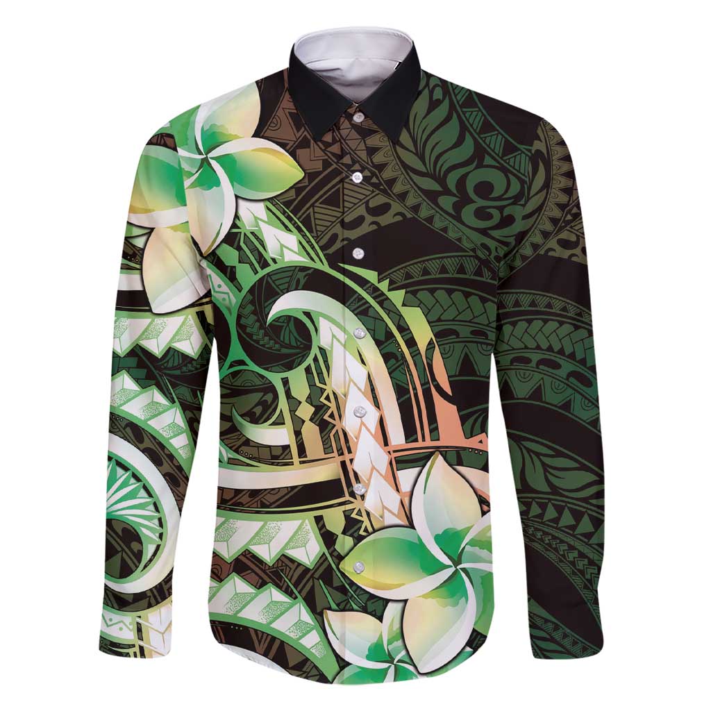 Polynesian Art Tattoo Family Matching Short Sleeve Bodycon Dress and Hawaiian Shirt Plumeria Flowers Green Gradient LT05 Dad's Shirt - Long Sleeve Green - Polynesian Pride