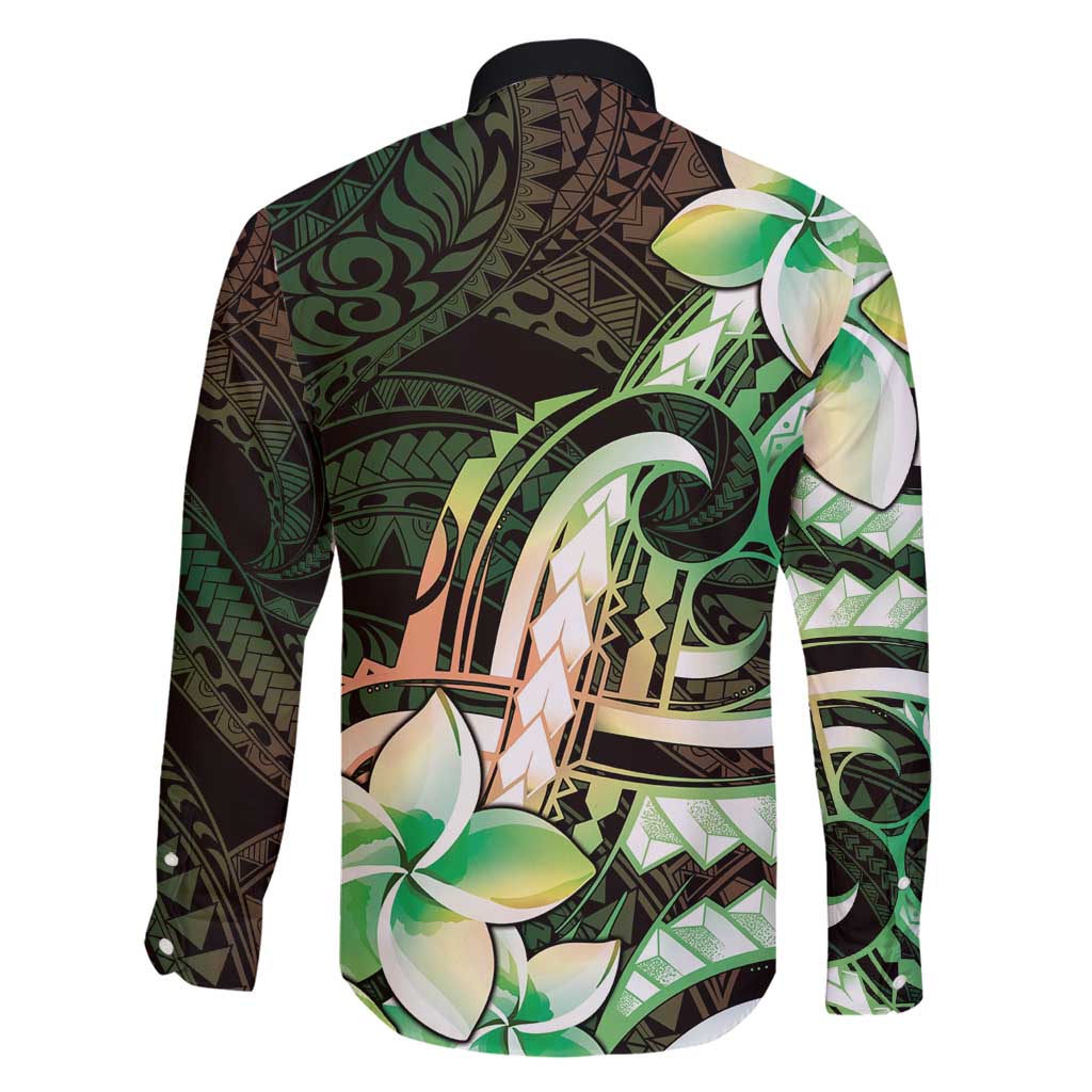 Polynesian Art Tattoo Family Matching Summer Maxi Dress and Hawaiian Shirt Plumeria Flowers Green Gradient LT05 - Polynesian Pride