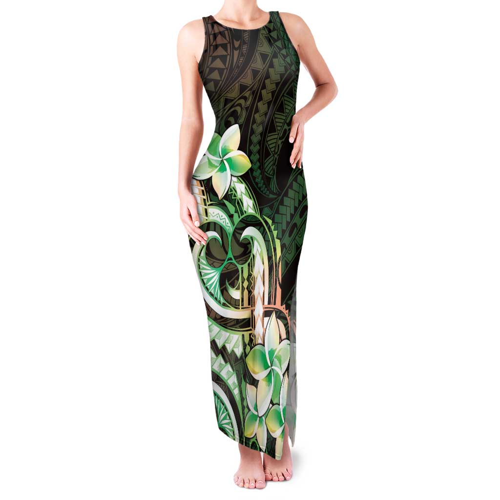 Polynesian Art Tattoo Family Matching Tank Maxi Dress and Hawaiian Shirt Plumeria Flowers Green Gradient LT05 Mom's Dress Green - Polynesian Pride