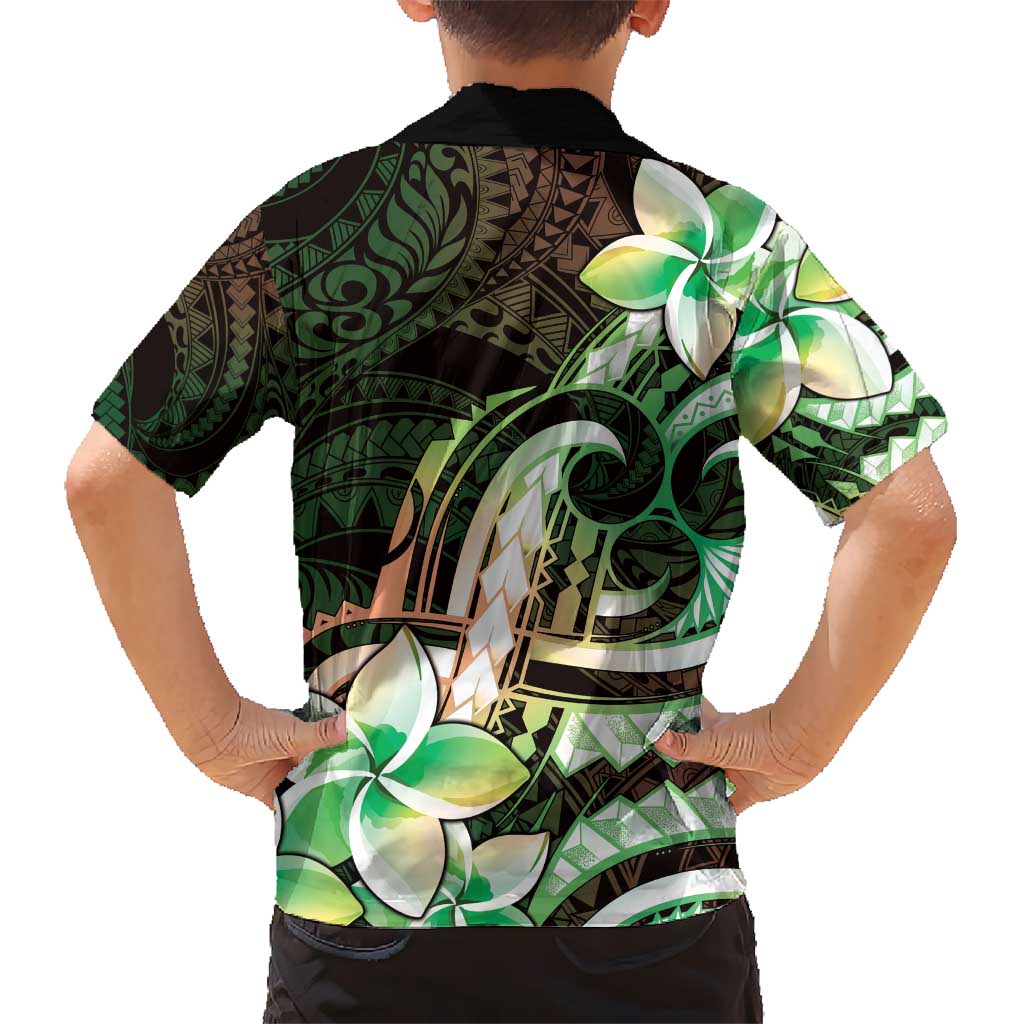 Polynesian Art Tattoo Kid Hawaiian Shirt Plumeria Flowers Green Gradient