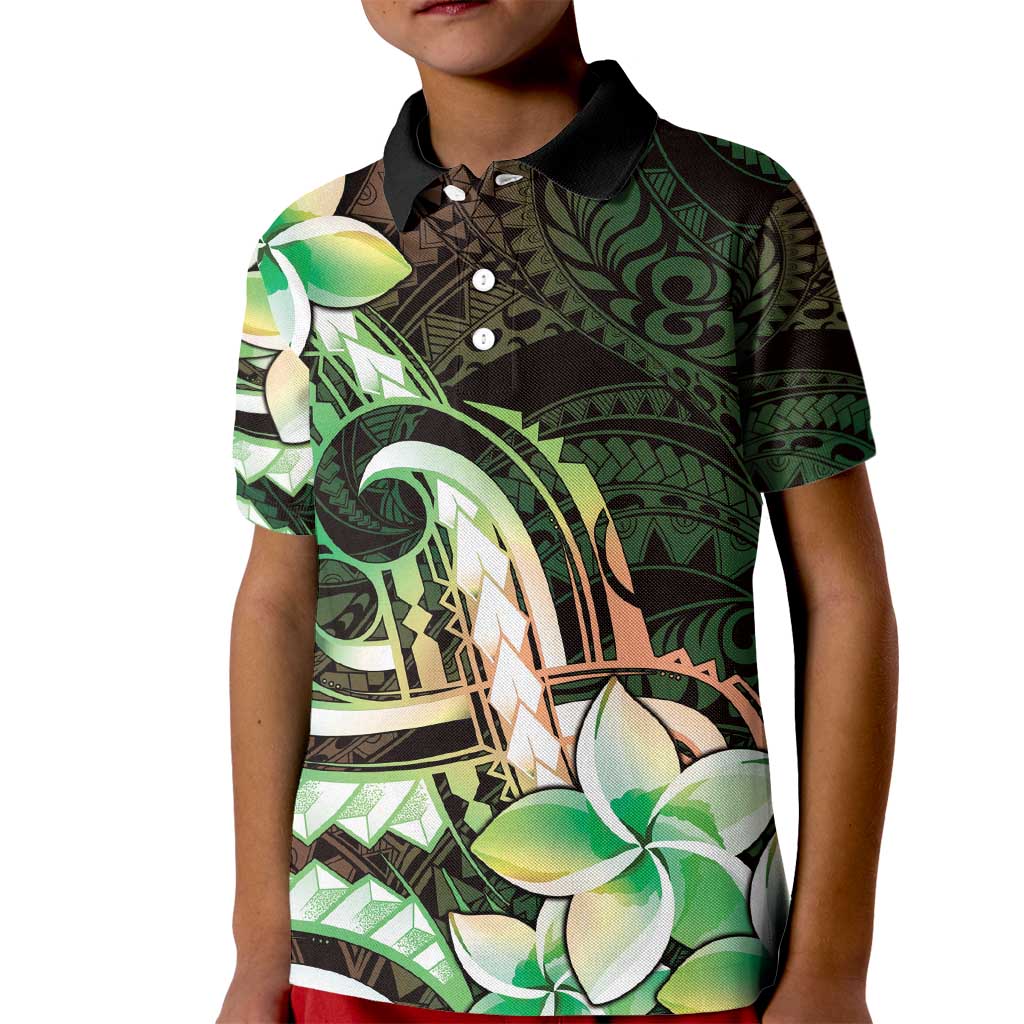 Polynesian Art Tattoo Kid Polo Shirt Plumeria Flowers Green Gradient LT05 Kid Green - Polynesian Pride