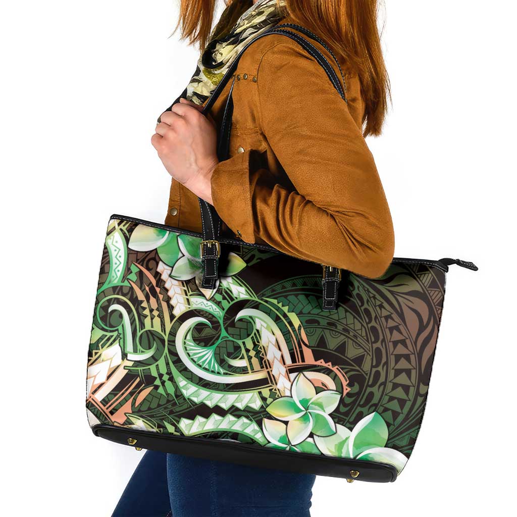 Polynesian Art Tattoo Leather Tote Bag Plumeria Flowers Green Gradient LT05 Green - Polynesian Pride
