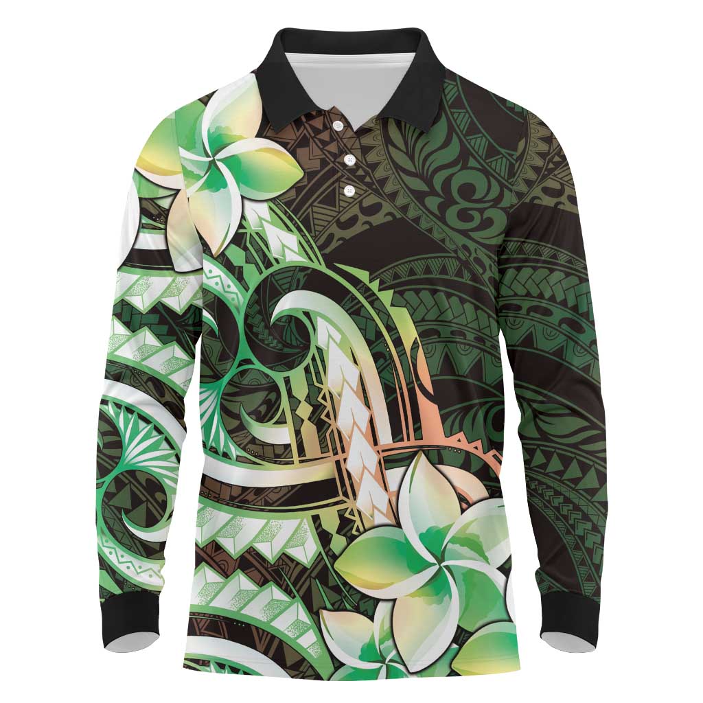 Polynesian Art Tattoo Long Sleeve Polo Shirt Plumeria Flowers Green Gradient LT05 Green - Polynesian Pride