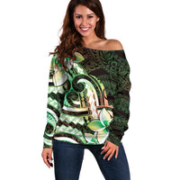 Polynesian Art Tattoo Off Shoulder Sweater Plumeria Flowers Green Gradient LT05 Women Green - Polynesian Pride