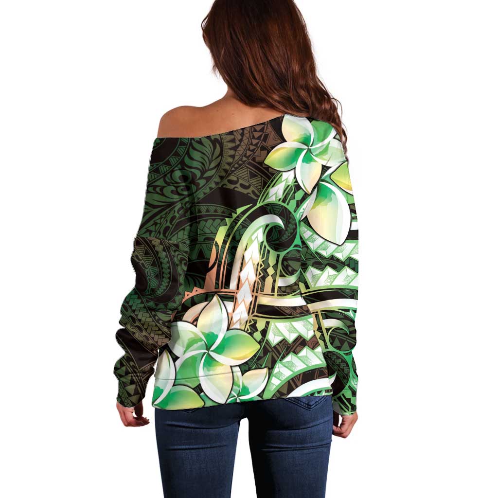 Polynesian Art Tattoo Off Shoulder Sweater Plumeria Flowers Green Gradient LT05 - Polynesian Pride