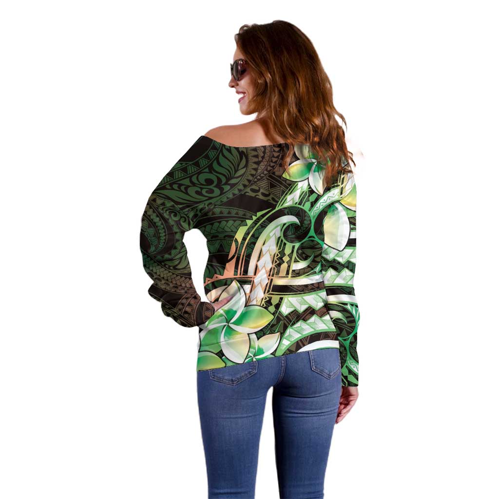 Polynesian Art Tattoo Off Shoulder Sweater Plumeria Flowers Green Gradient LT05 - Polynesian Pride