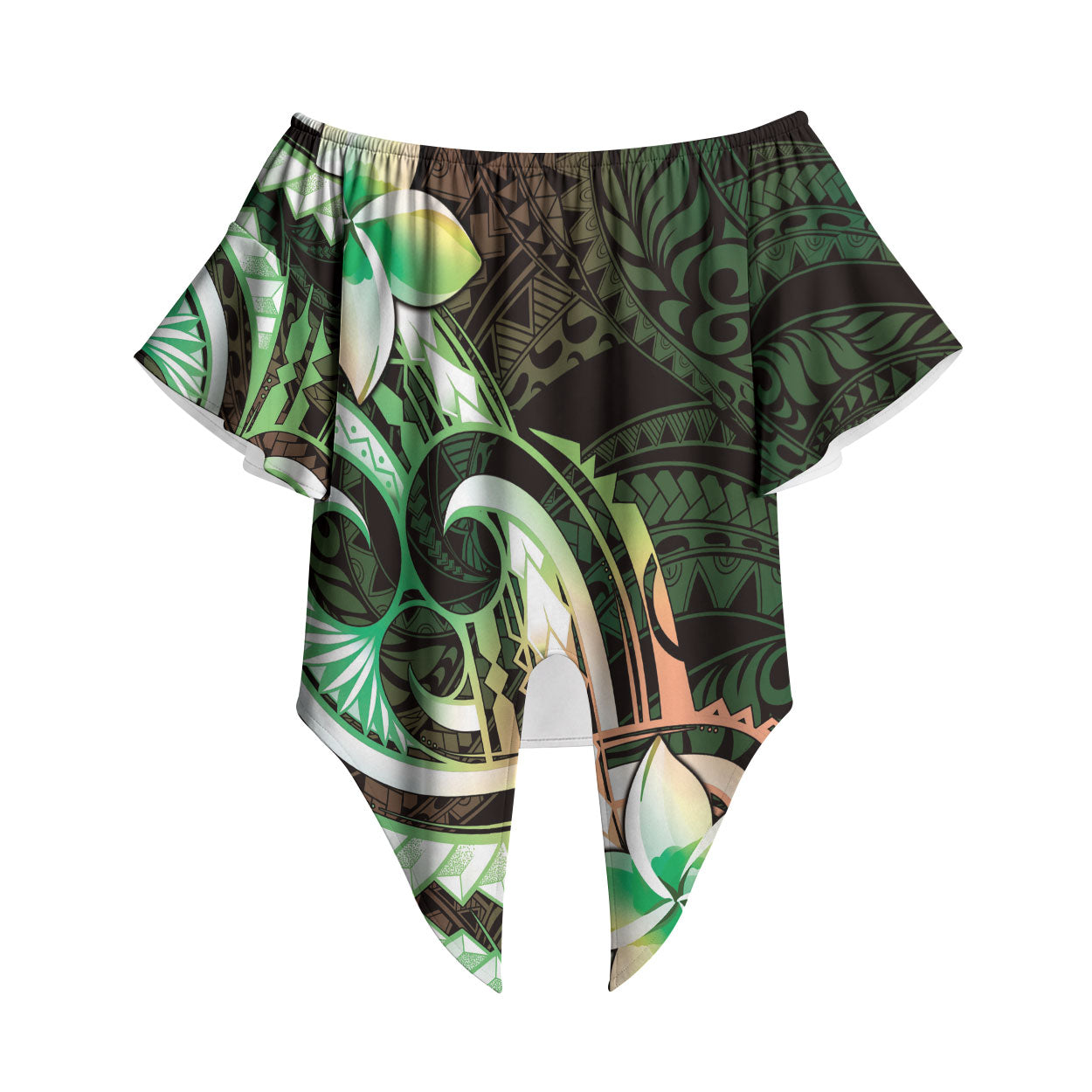 Polynesian Art Tattoo Off Shoulder Wrap Waist Top Plumeria Flowers Green Gradient LT05 Green - Polynesian Pride