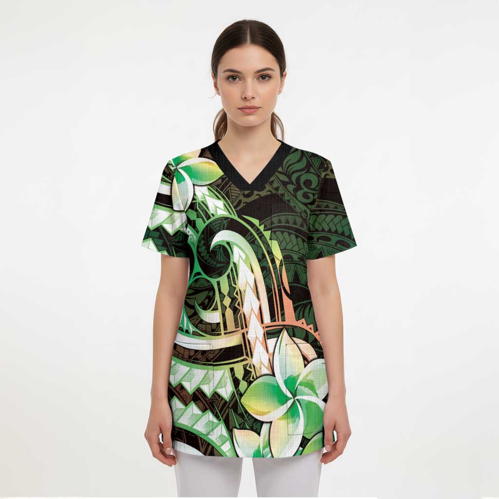 Polynesian Art Tattoo Scrub Top Plumeria Flowers Green Gradient - Polynesian Pride