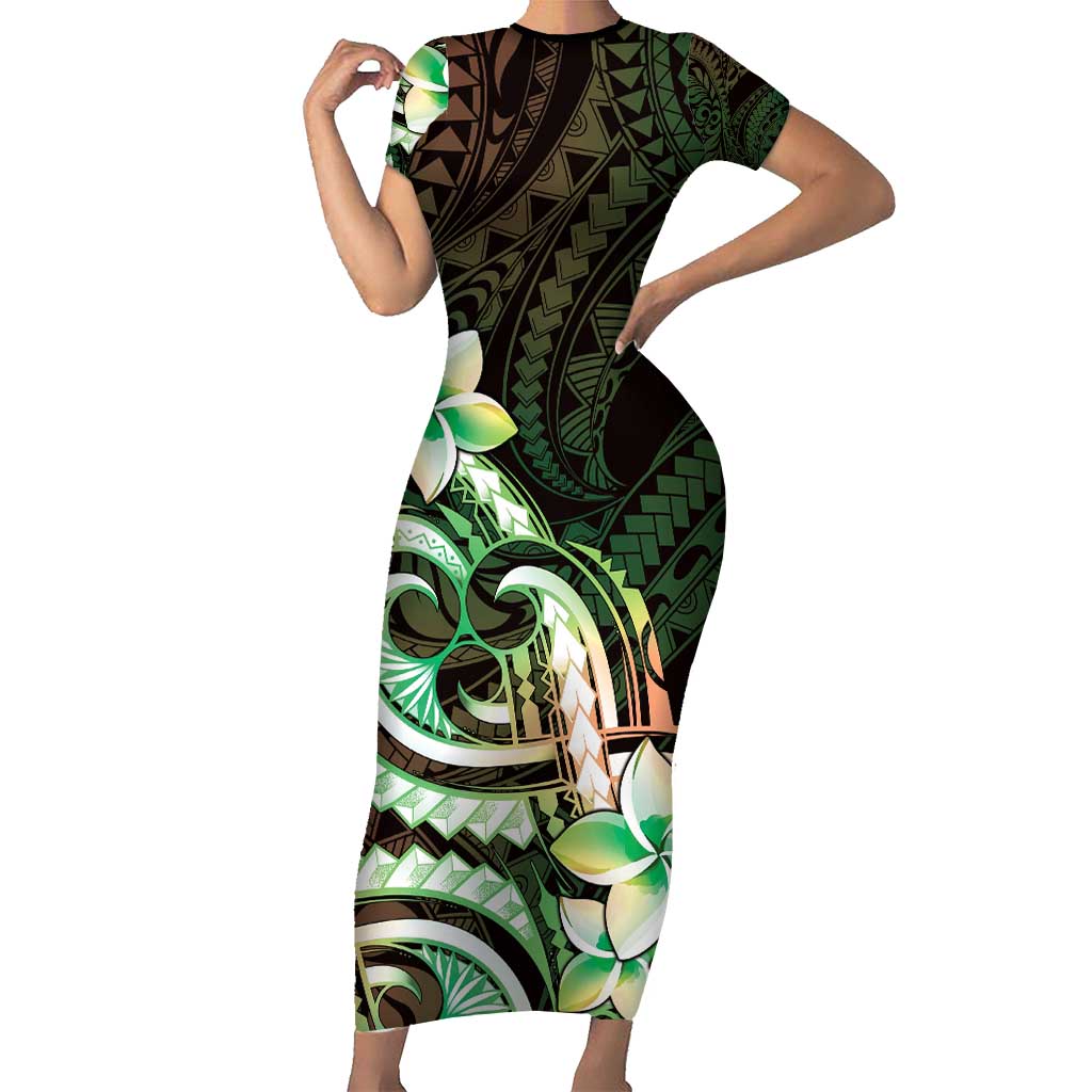 Polynesian Art Tattoo Short Sleeve Bodycon Dress Plumeria Flowers Green Gradient LT05 Long Dress Green - Polynesian Pride