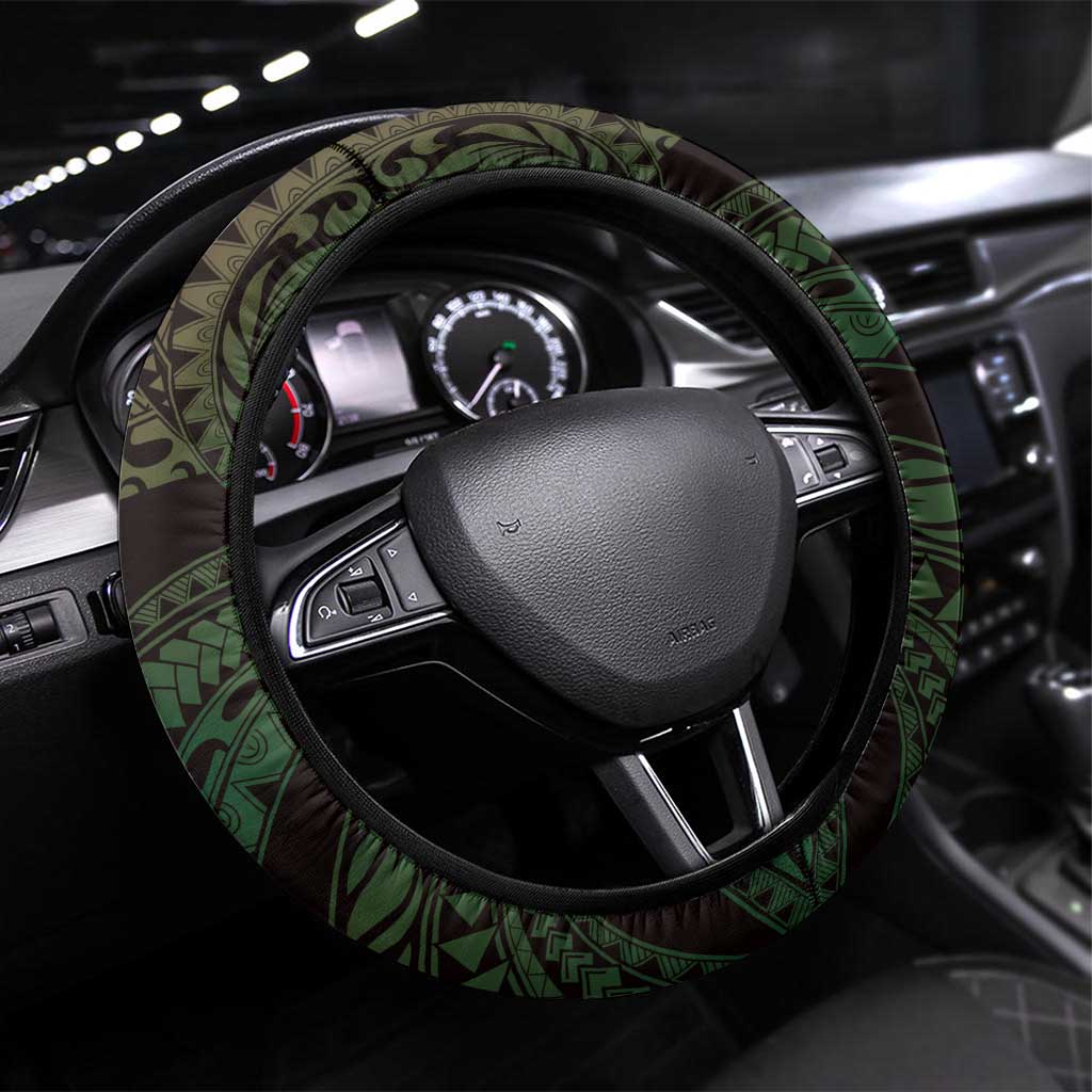 Polynesian Art Tattoo Steering Wheel Cover Plumeria Flowers Green Gradient LT05 Universal Fit Green - Polynesian Pride