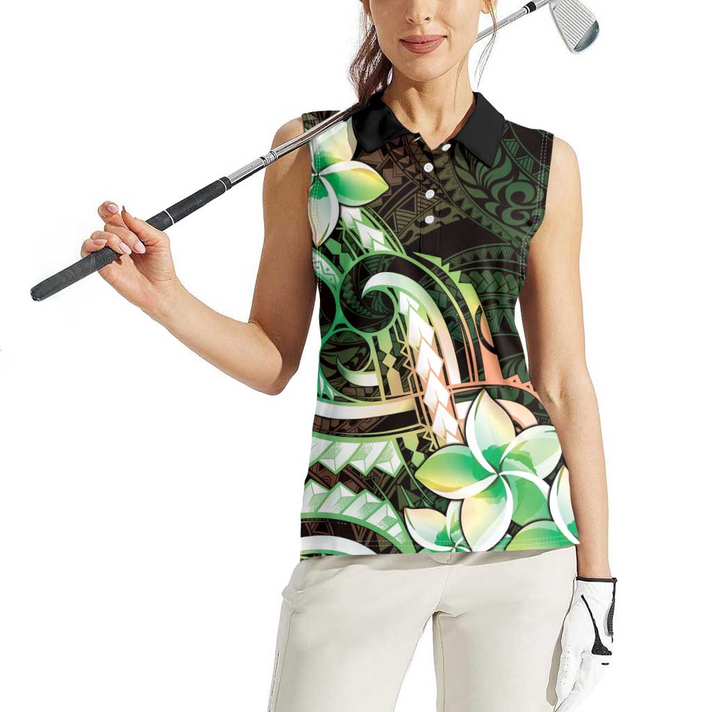 Polynesian Art Tattoo Women Sleeveless Polo Shirt Plumeria Flowers Green Gradient LT05 - Polynesian Pride
