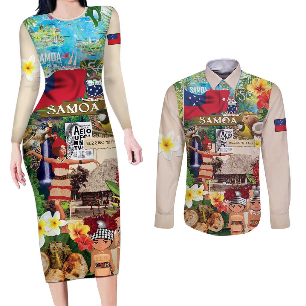 Samoa Culture Couples Matching Long Sleeve Bodycon Dress and Long Sleeve Button Shirt Embracing The Spirit LT05 Beige - Polynesian Pride