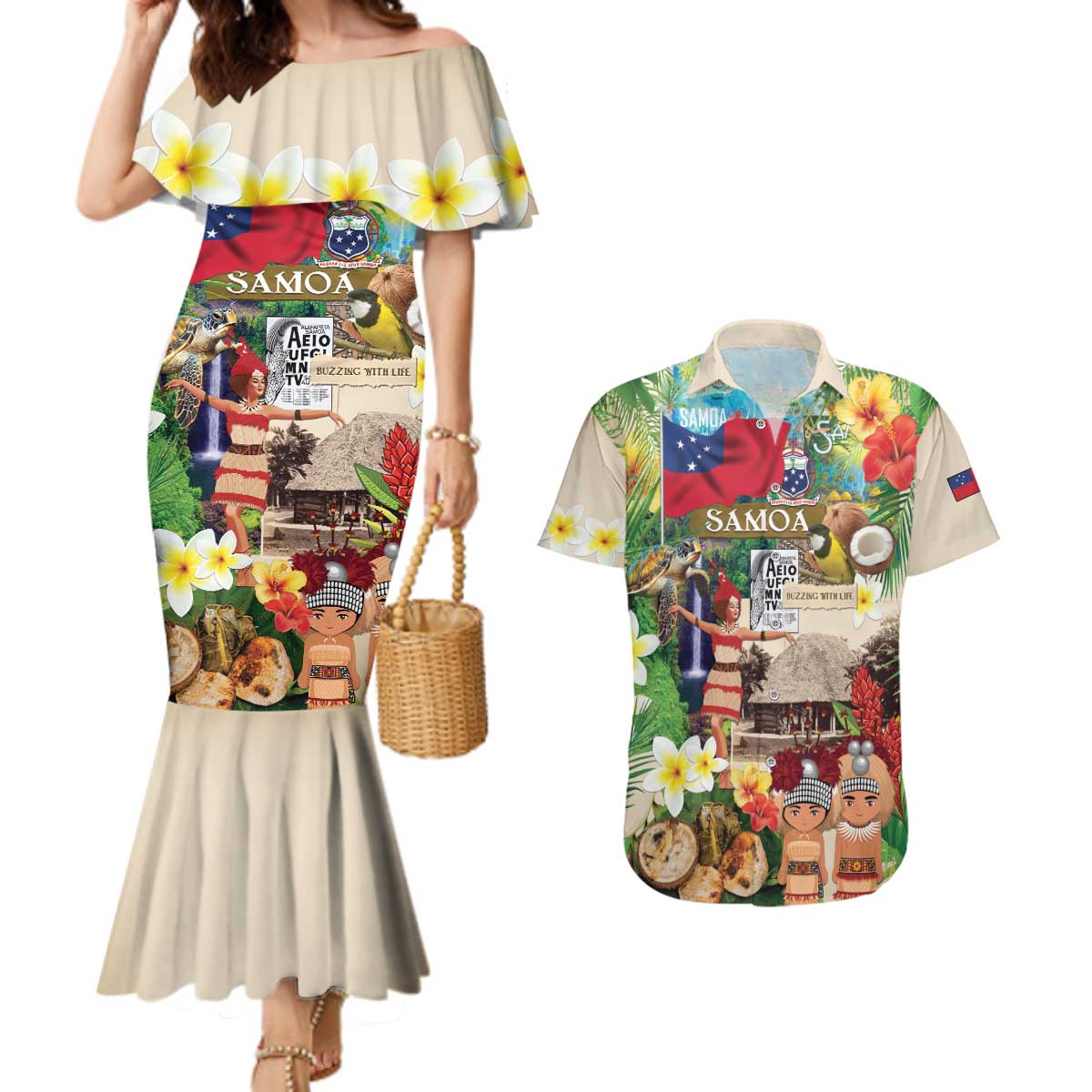 Samoa Culture Couples Matching Mermaid Dress and Hawaiian Shirt Embracing The Spirit LT05 Beige - Polynesian Pride