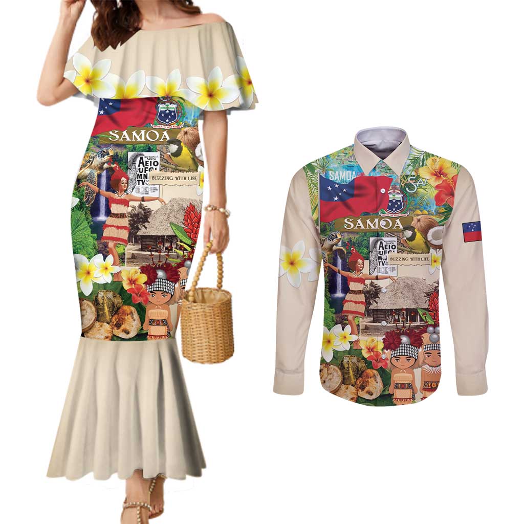 Samoa Culture Couples Matching Mermaid Dress and Long Sleeve Button Shirt Embracing The Spirit LT05 Beige - Polynesian Pride