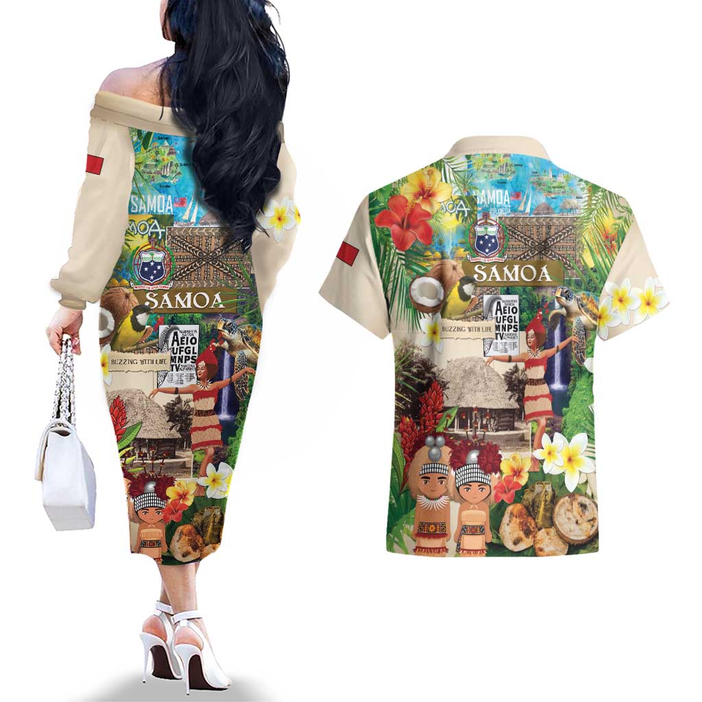 Samoa Culture Couples Matching Off The Shoulder Long Sleeve Dress and Hawaiian Shirt Embracing The Spirit LT05 - Polynesian Pride