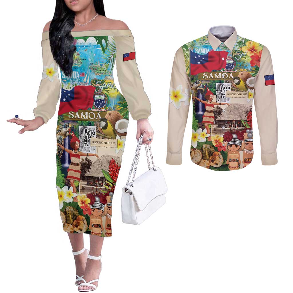 Samoa Culture Couples Matching Off The Shoulder Long Sleeve Dress and Long Sleeve Button Shirt Embracing The Spirit LT05 Beige - Polynesian Pride