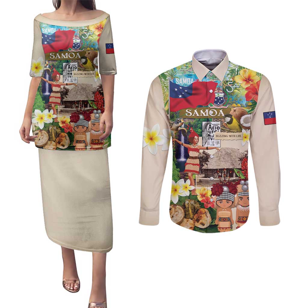 Samoa Culture Couples Matching Puletasi and Long Sleeve Button Shirt Embracing The Spirit LT05 Beige - Polynesian Pride