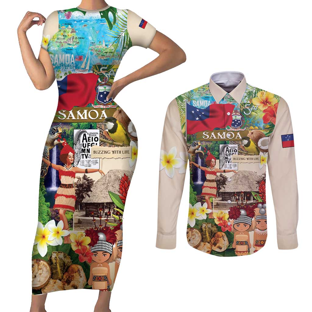 Samoa Culture Couples Matching Short Sleeve Bodycon Dress and Long Sleeve Button Shirt Embracing The Spirit LT05 Beige - Polynesian Pride