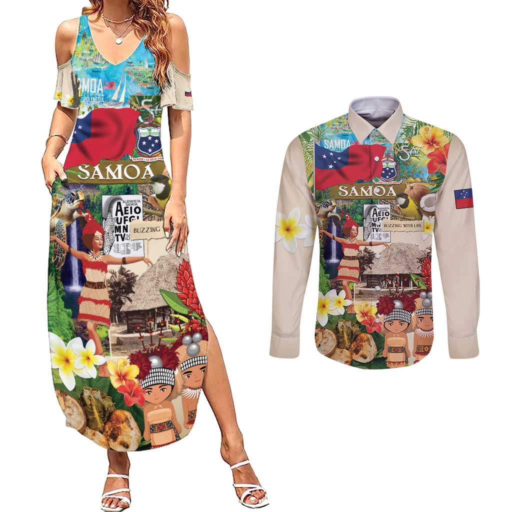 Samoa Culture Couples Matching Summer Maxi Dress and Long Sleeve Button Shirt Embracing The Spirit LT05 Beige - Polynesian Pride