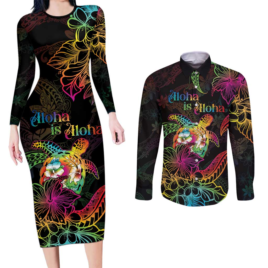 Hawaii Pride Couples Matching Long Sleeve Bodycon Dress and Long Sleeve Button Shirt Aloha Is Aloha LT05 Colorful - Polynesian Pride