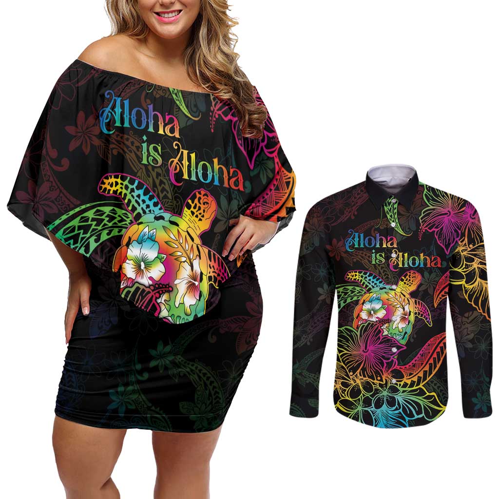 Hawaii Pride Couples Matching Off Shoulder Short Dress and Long Sleeve Button Shirt Aloha Is Aloha LT05 Colorful - Polynesian Pride