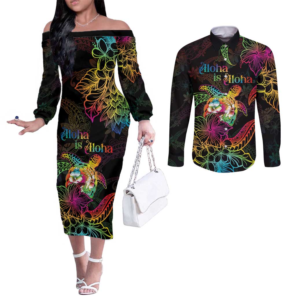 Hawaii Pride Couples Matching Off The Shoulder Long Sleeve Dress and Long Sleeve Button Shirt Aloha Is Aloha LT05 Colorful - Polynesian Pride