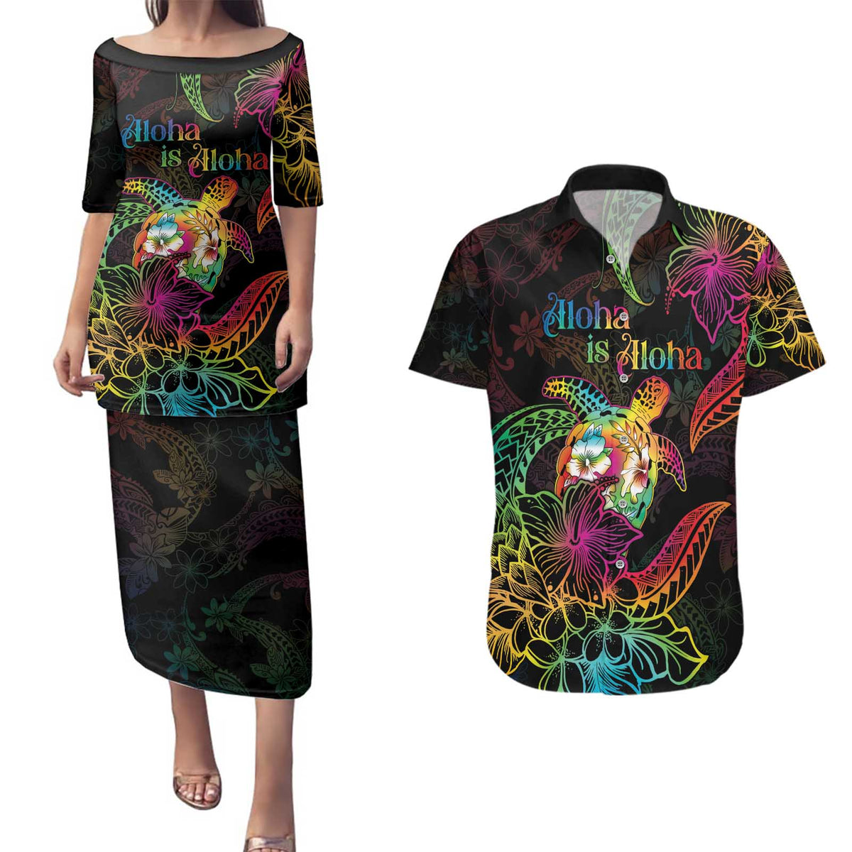 Hawaii Pride Couples Matching Puletasi and Hawaiian Shirt Aloha Is Aloha
