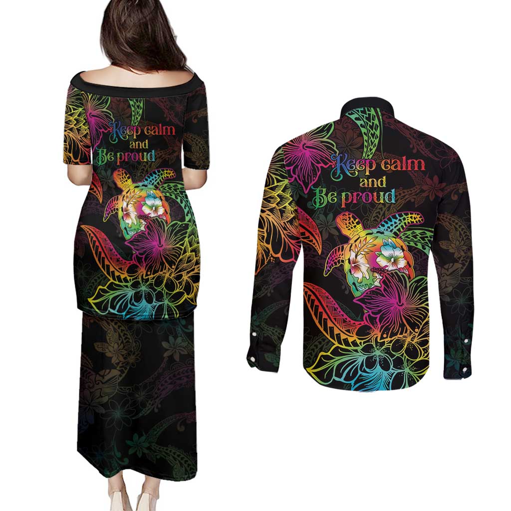 Hawaii Pride Couples Matching Puletasi and Long Sleeve Button Shirt Aloha Is Aloha