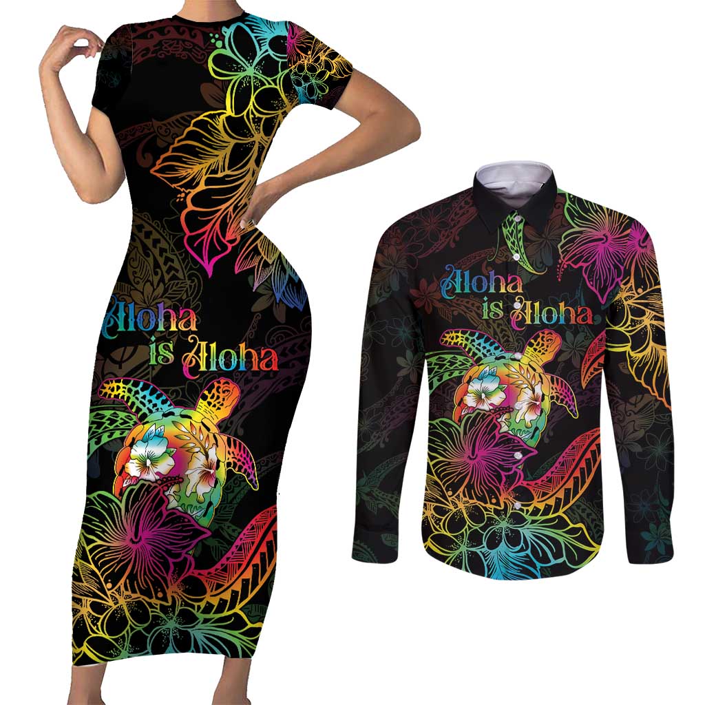 Hawaii Pride Couples Matching Short Sleeve Bodycon Dress and Long Sleeve Button Shirt Aloha Is Aloha LT05 Colorful - Polynesian Pride