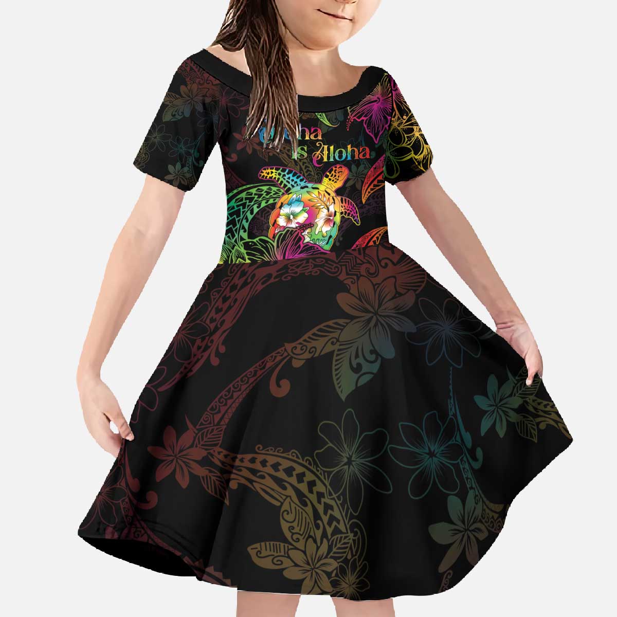 Hawaii Pride Family Matching Off The Shoulder Long Sleeve Dress and Hawaiian Shirt Aloha Is Aloha LT05 Daughter's Dress Colorful - Polynesian Pride