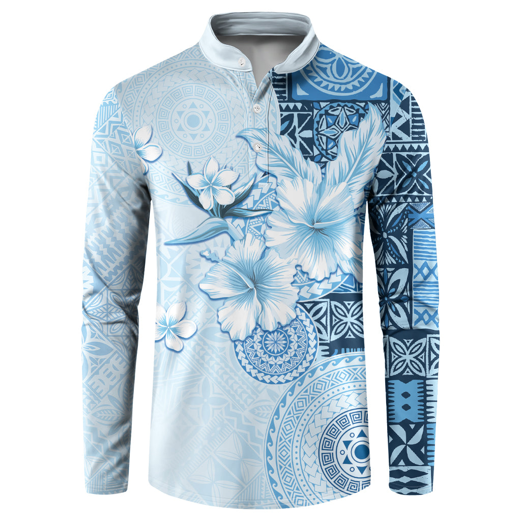 Hawaii Tapa Pattern With Blue Hibiscus Button Sweatshirt