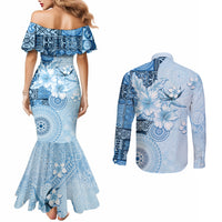 Hawaii Tapa Pattern With Blue Hibiscus Couples Matching Mermaid Dress and Long Sleeve Button Shirt