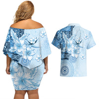Hawaii Tapa Pattern With Blue Hibiscus Couples Matching Off Shoulder Short Dress and Hawaiian Shirt