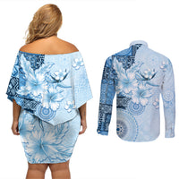 Hawaii Tapa Pattern With Blue Hibiscus Couples Matching Off Shoulder Short Dress and Long Sleeve Button Shirt