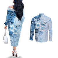 Hawaii Tapa Pattern With Blue Hibiscus Couples Matching Off The Shoulder Long Sleeve Dress and Long Sleeve Button Shirt