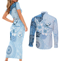 Hawaii Tapa Pattern With Blue Hibiscus Couples Matching Short Sleeve Bodycon Dress and Long Sleeve Button Shirt