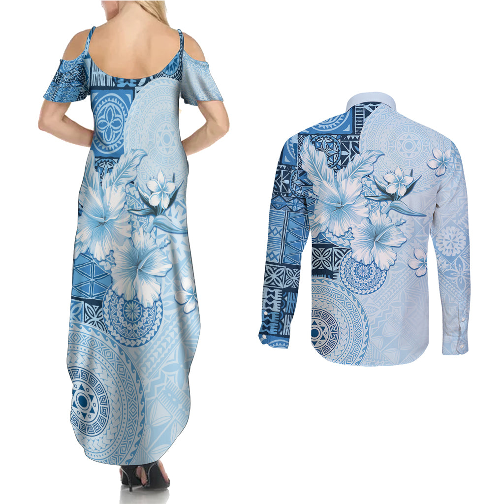 Hawaii Tapa Pattern With Blue Hibiscus Couples Matching Summer Maxi Dress and Long Sleeve Button Shirt