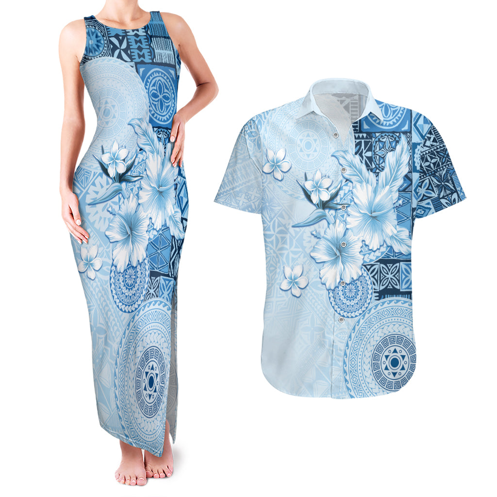 Hawaii Tapa Pattern With Blue Hibiscus Couples Matching Tank Maxi Dress and Hawaiian Shirt