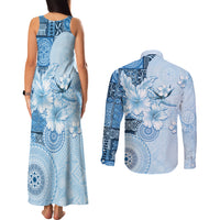 Hawaii Tapa Pattern With Blue Hibiscus Couples Matching Tank Maxi Dress and Long Sleeve Button Shirt