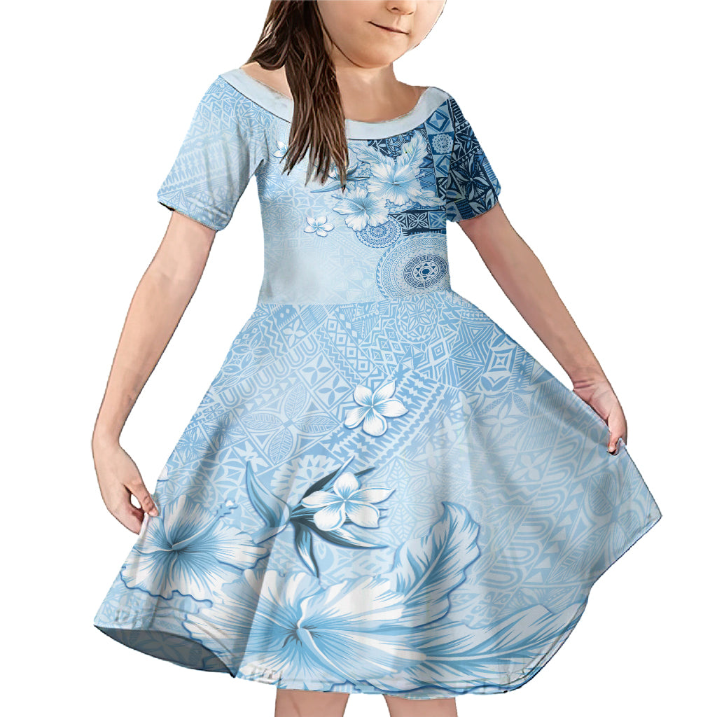 Hawaii Tapa Pattern With Blue Hibiscus Family Matching Mermaid Dress and Hawaiian Shirt LT05 Daughter's Dress Blue - Polynesian Pride