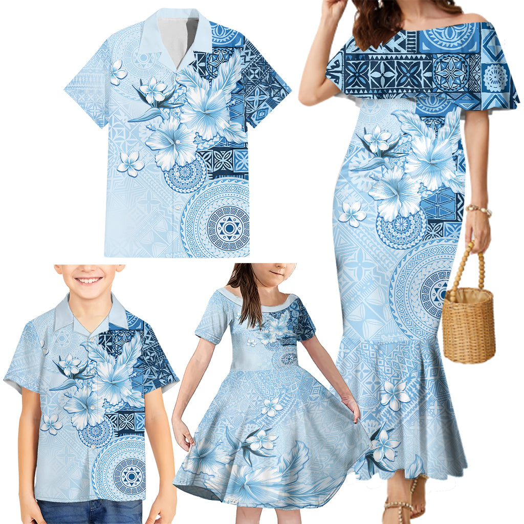 Hawaii Tapa Pattern With Blue Hibiscus Family Matching Mermaid Dress and Hawaiian Shirt LT05 - Polynesian Pride