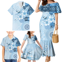 Hawaii Tapa Pattern With Blue Hibiscus Family Matching Mermaid Dress and Hawaiian Shirt LT05 - Polynesian Pride
