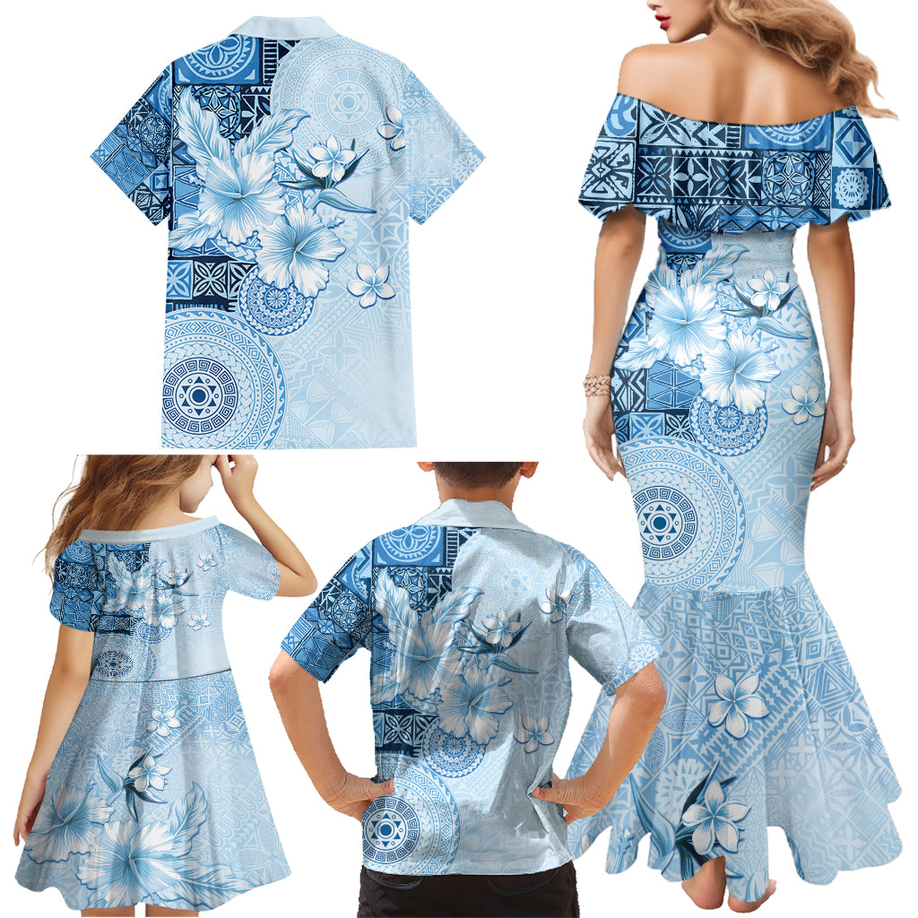 Hawaii Tapa Pattern With Blue Hibiscus Family Matching Mermaid Dress and Hawaiian Shirt LT05 - Polynesian Pride