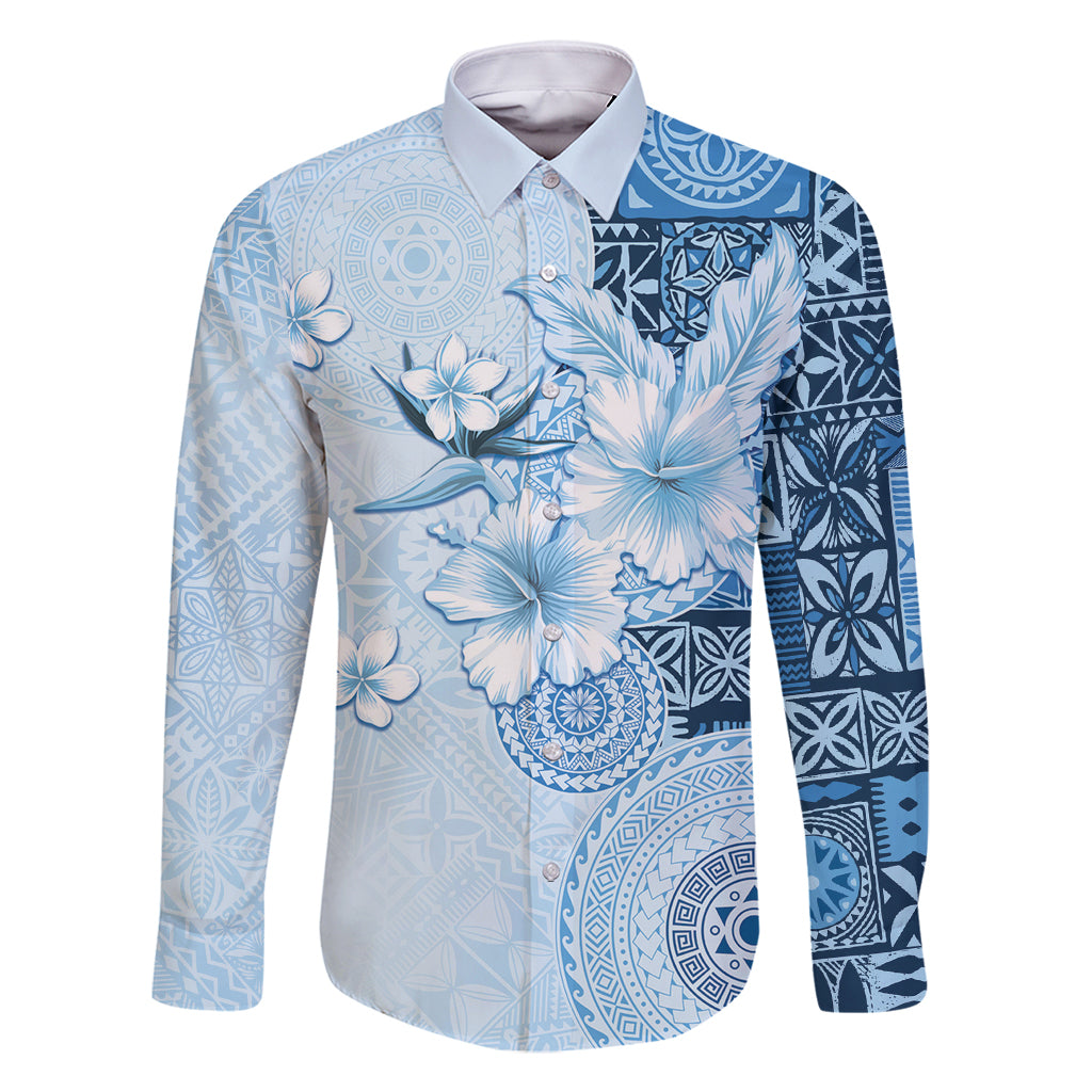 Hawaii Tapa Pattern With Blue Hibiscus Family Matching Mermaid Dress and Hawaiian Shirt LT05 Dad's Shirt - Long Sleeve Blue - Polynesian Pride