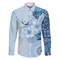 Hawaii Tapa Pattern With Blue Hibiscus Family Matching Mermaid Dress and Hawaiian Shirt LT05 Dad's Shirt - Long Sleeve Blue - Polynesian Pride
