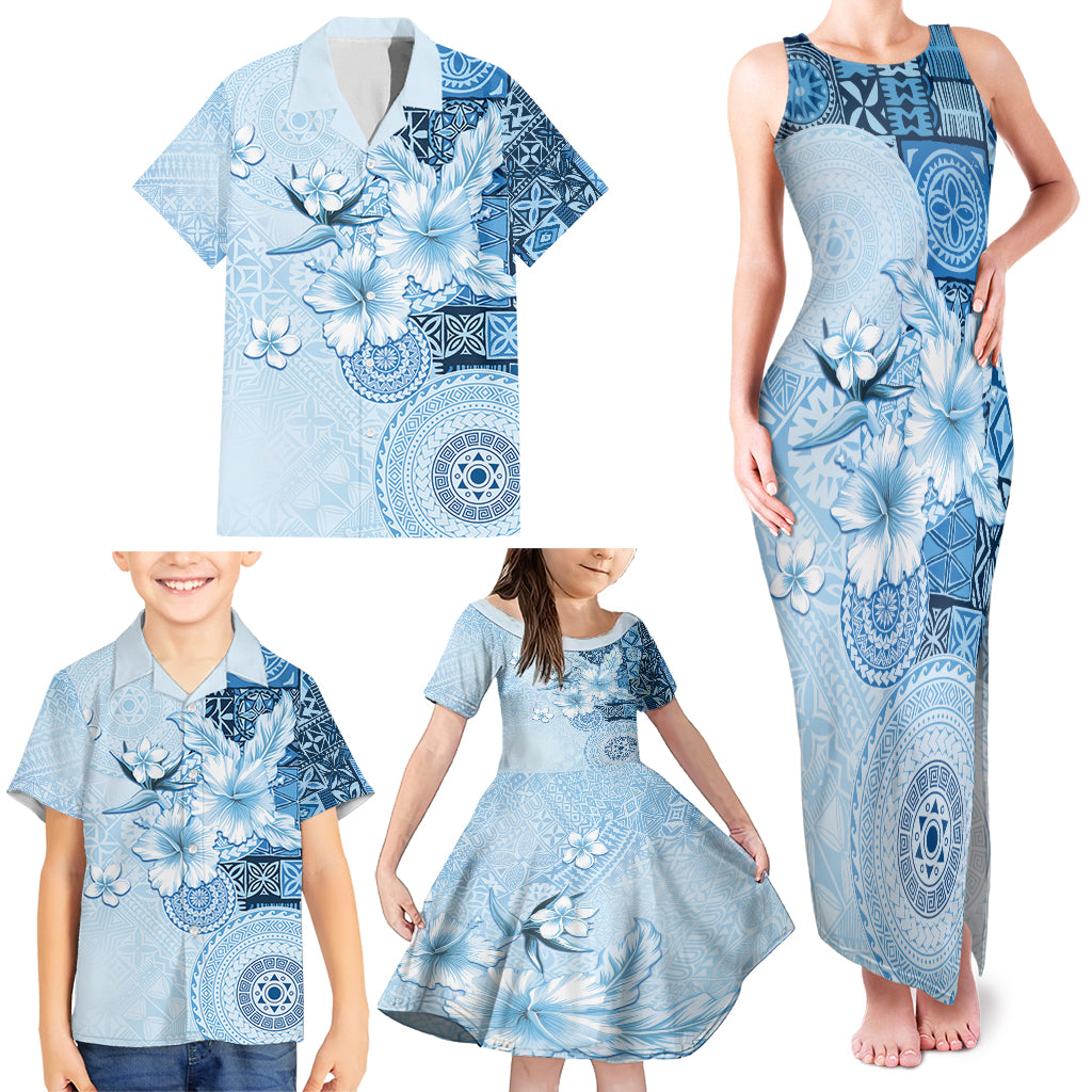 Hawaii Tapa Pattern With Blue Hibiscus Family Matching Tank Maxi Dress and Hawaiian Shirt