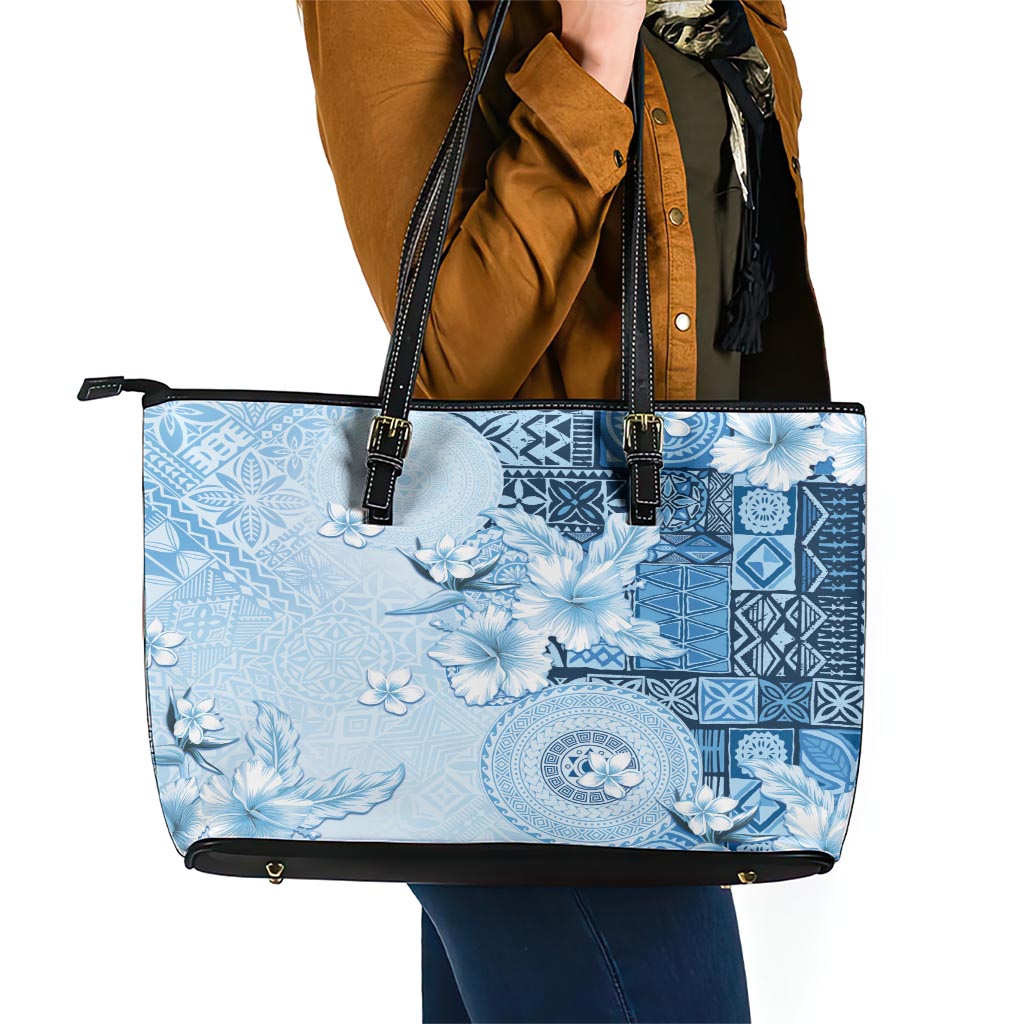Hawaii Tapa Pattern With Blue Hibiscus Leather Tote Bag