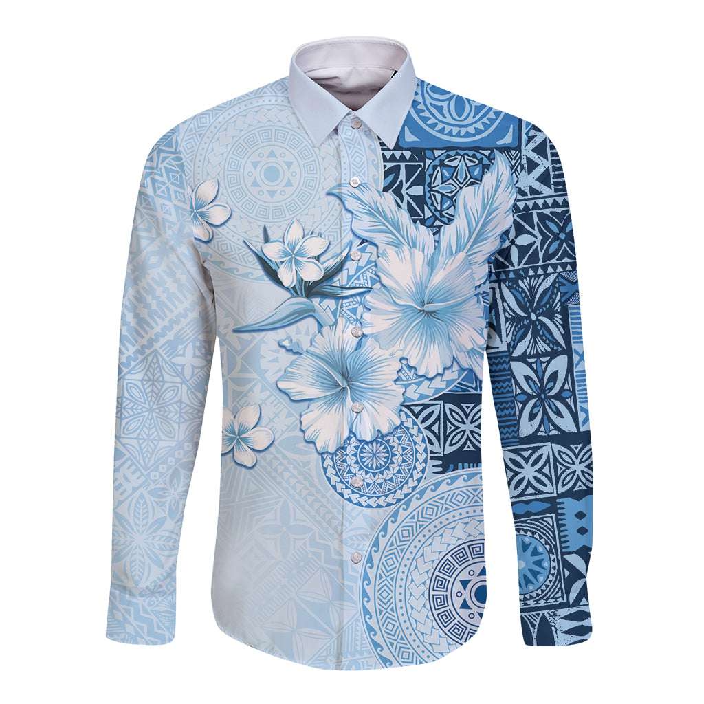 Hawaii Tapa Pattern With Blue Hibiscus Long Sleeve Button Shirt LT05 Unisex Blue - Polynesian Pride
