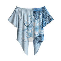 Hawaii Tapa Pattern With Blue Hibiscus Off Shoulder Wrap Waist Top LT05 Blue - Polynesian Pride