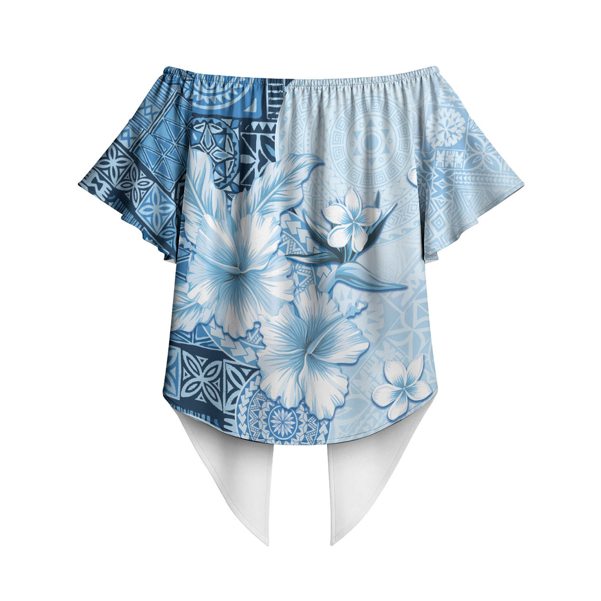 Hawaii Tapa Pattern With Blue Hibiscus Off Shoulder Wrap Waist Top LT05 - Polynesian Pride